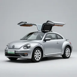 Advertisement banner of the new electric Volkswagen Beetle 2023, gullwing doors, silver chrome color, concept car, Syd Mead, minimalist lines, wooden interior, retro futuristic style!!!!! 4k,professional photograph, award winning advertising, creative
