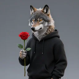 wolf like a human, dressed black hoodie, holding red rose in hand, trending on ArtStation, octane render, blender, 8k,