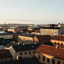 photograph of the rooftops of gothenburg sweden, morning light, landscape photography, award winning, canon, soft lighting, sony, nikon, 4 k, hd