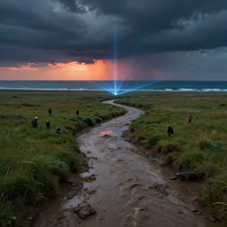 muddy river leads to sea by hiroshi yoshida, marc simonetti, roger deakins, turner, rothko, hyperrealism, cinematic, grassland, dramatic storm sunset, laser lights under sea, matte painting, fluid simulation, tonalism, volumetric light, trending on artstation, cgsociety, high detail concept art, top view, rendered in octane