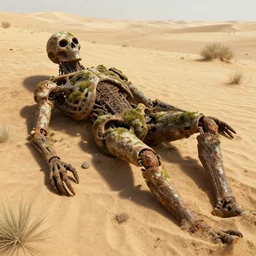 fossilized humanoid creature, lying in the desert, covered with moss and rust, alien artifact, carved symbols, digital art