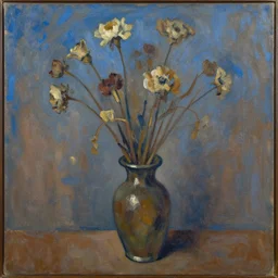 expressive medium shot vase with dry flowers, blue and brown background, oil painting, impasto, muted colors, artwork by lucian freud, arnold bocklin, ossip zadnike