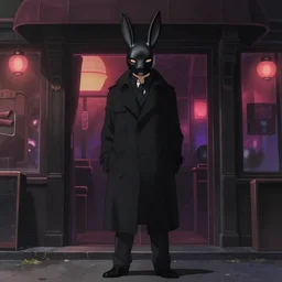 a man wearing a black trench coat and black rabbit mask standing outside a night club, anime film still from the movie directed by Denis Villeneuve with art direction by Junji Ito, wide lens