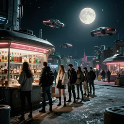 cyberpunk people are in a queue to a futuristic liquor store in a Russian cyberpunk slum city called Neo Norilsk on the Moon, at night, lots of flying cars, diverse, lively, black sky full of stars, blinding sun, sci-fi, lots of flying cars, levitation, cyberpunk outfits, photorealistic, grainy, 35mm, intricate, very very beautiful, elegant, smooth, cinematic, Unreal Engine 5, by Beeple, trending on Artstation HD