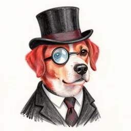 portrait of a dog wearing a suit and a top hat and a monocle on one eye, hand drawing, red and black colors