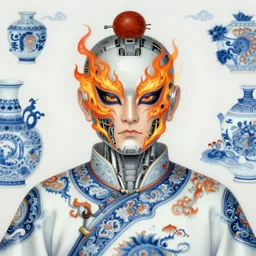 portrait of an old cyberpunk man, on fire, machine face, upper half portrait, decorated with chinese opera motifs, asian, fine china, traditional chinese art, intricate, elegant, highly detailed, symmetry, headpiece, digital painting, artstation, concept art, smooth, sharp focus, illustration, art by artgerm and greg rutkowski and alphonse mucha, 8 k