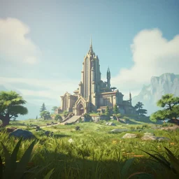 A serene landscape with a singular building in the style of Blizzard Studio.