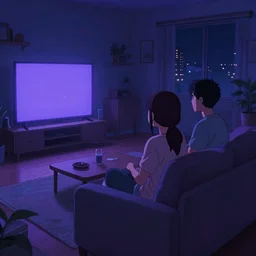 a couple sitting on a sofa watching tv in a living room at night, chillwave, nightscape, featured on tumblr, anime, detailed, lofi wallpaper. dark blueish purple theme