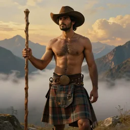 a dramatic epic beautiful ethereal painting of a shirtless handsome desi cowboy | he has a hairy chest and is wearing a plaid kilt and cowboy hat, and holding a long wooden staff | background is mountain peaks and clouds | dramatic lighting, golden hour, homoerotic, realistic, art nouveau | by mark maggiori | trending on artstation