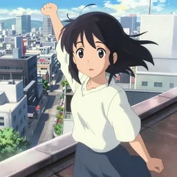 anime film visual of a young black haired girl sightseeing urban city standing on rooftop, cute face by ilya kuvshinov, makoto shinkai, kyoto animation, dynamic perspective and pose, detailed eyes, less nose, crisp and sharp cel shade