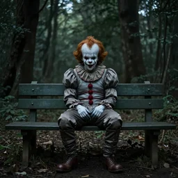 pennywise sitting on a bench in the middle of a dark forest, sinister photo, realistic photo, by Stephen King, 8k