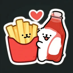 cute cartoon french fry and ketchup bottle, best friends, in love, die cut sticker