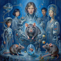 complex detailed being of rat microbiologist, futuristic, tim hildebrandt, laurie greasley, victo ngai, bruce pennington, donato giancola, trending on artstation, very intricate cinematic composition, beautiful blue lighting, hyper detailed, 8 k, oil on canvas