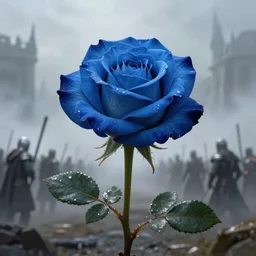 blue rose, background war scene, Game of Thrones, foggy atmosphere, volumetric lighting, fantasy artwork, very beautiful scenery, very realistic painting effect, hd, hdr, cinematic 4k wallpaper, 8k, ultra detailed, high resolution, artstation