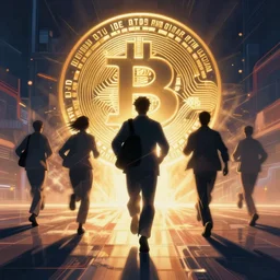 people running away from cryptocurrency scared, cyberpunk art