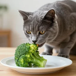 grey cat eating a plate brocoli photographed