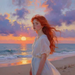 a red haired young girl beach surreal, sunrise, dramatic light, impressionist painting, colorful clouds, digital painting, artstation, leonid afremov