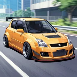 Suzuki Swift GTI 1998 with a wide body kit on a touge in Initial D, anime art