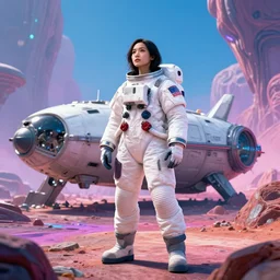 young female astronaut standing on alien world, looking at her crash landed ship, epic scene, by victo ngai, kilian eng vibrant colours, dynamic lighting, digital art, winning award masterpiece, fantastically beautiful, illustration, aesthetically inspired by beksinski and dan mumford, trending on artstation, art by greg rutkowski, 8 k