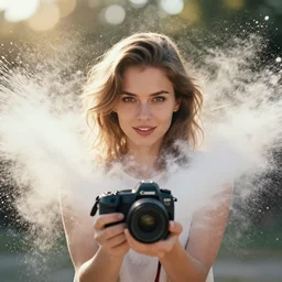 portrait photography of a beautiful woman surrounded by white powder explosions byanka zhuravleva and ary scheffer. marco mazzoni. vogue. kodak portra. ( depth of field ). bokeh!. golden hour. detailed. hq. realistic. vibrant. lens flare. canon eos r 3, 8 k, raw, symmetrical balance, in - frame