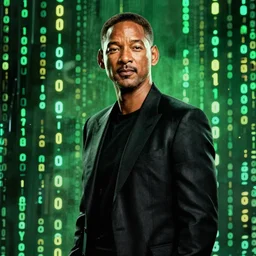 will smith as a character from the matrix, cinematic, movie still, dramatic lighting, matrix code,!! by bill henson!!, green color theme