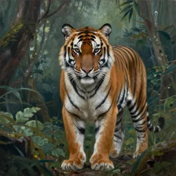 a gorgeous, fantastic, mysterious tiger in the jungle by victo ngai, trending on artstation, artgerm, oil on canvas, muted colors
