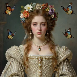 beautiful, young woman, in renaissance times, detailed gorgeous face, sad eyes, vaporwave aesthetic, synthwave long luxurious gown made out of pearls, hair done up with flowers and ribbons, digital art, butterflies, birds, digital painting, artstation, concept art, smooth, sharp focus, illustration, art by artgerm and greg rutkowski and alphonse mucha