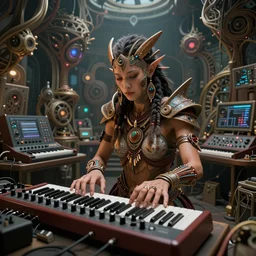 a centered photo of a post apocalyptic tribal cyborg tweaking and playing synthesizers in the most complicated fractal and technical musical studio, powerful, cinematic, beautifully lit, by donato giancola, by artgerm, by karol bak, 3 d, perfect face and body, trending on artstation, octane render, 8 k