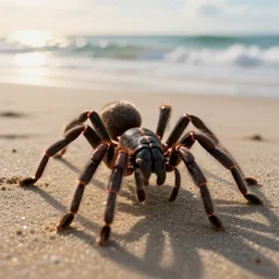 a closeup photorealistic capture of giant tarantula style ant walking on the beach during sunset. surf. bright scene. fine detail. this 4 k hd image is trending on artstation, featured on behance, well - rendered, extra crisp, features intricate detail, epic composition and the style of unreal engine.
