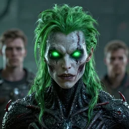 thorn, green hair, symbiote like clothing, glowing green eyes, art by artgerm, wlop, loish, ilya kuvshinov, 8 k realistic, hyperdetailed, beautiful lighting, depth of field, symmetrical face, frostbite 3 engine, cryengine,