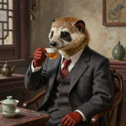 portrait painting of a very high resolution image from a new movie, a weasel wearing a suit drinks tea in a shabby chinese room by wenjun lin, irakli nadar, bright colors, octopath traveler, wenjun lin, unreal engine 5 highly rendered, global illumination, 9 radiant light, detailed and intricate environment