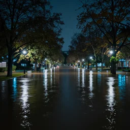 night photo realistic  park drowned in water with lots of lights at night, trending on artstation
