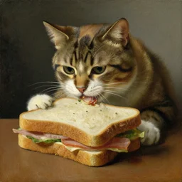 an oil painting of a cat eating a big sandwich, by Rembrant. Cat eating sandwich. Cat has food in it\'s mouth.