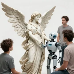 a beautiful roman angel helping a robot by dan mumford and alberto vargas and josan gonzalez and gil elvgren and william etty and norman rockwell, vibrant, white outfit, highly detailed, intricate, orange details, blue sky, comic lines