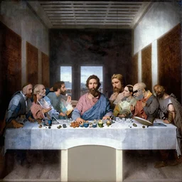 crowded last supper american gothic painting magritte, renaissance, detailed faces, in the style of Andy Warhol pop art