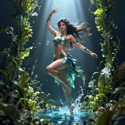 female water mage, high quality character design, action pose : : spotlight, magical, seapunk, seaweed, bubbles, high detail, 1 6 k, oled, shadows, reflections, by rossdraws