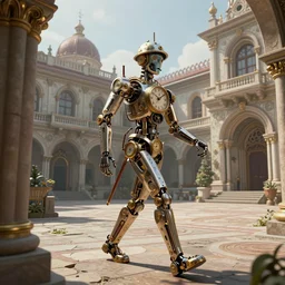a biomechanical palace guard made of machine parts and clocks is walking through a steampunk byzantine courtyard by anders zorn, wonderful, mandelbulb 3 d buildings, fractal designs, dynamic, masterpiece by greg rutkowski, hyperrealism, beautiful cinematic light, by greg manchess, jessica rossier