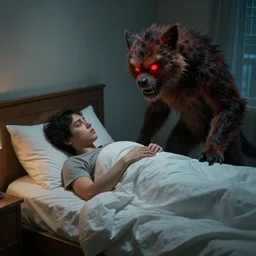 You're lying in bed, trying to get to sleep, when you hear a scratching noise coming from the other side of the room. You try to ignore it, but the noise gets louder and more persistent until you finally sit up and look over to see a large, furry creature with glowing red eyes standing at the edge of your bed, looking at you hungrily, 8k, surrealistic digital still image, in the style of Keith Thompson and Michael Whelan