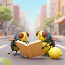 portrait of two flies reading in the streets, antropomorphic, city landscape, lemons, daytime, colorful, depth haze, volumetric lighting, concept art, cinematic, 3 5 mm lens, 4 k
