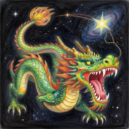 a beautiful drawing of a dragon in space by justin gerard. the dragon is in the foreground with its mouth open, revealing rows of sharp teeth. its body is coiled and ready to strike, and its tail is wrapped around a star in the background. the colors are bright and the background is full of stars and galaxies. the overall effect is one of chaotic energy and movement. renaissance, indian by warren ellis monumental