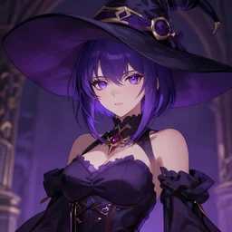 Beautiful anime girl as a evil witch with purple short hair , artstation , 4K , Highly detailed , high quality