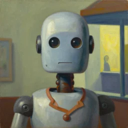 super - intelligent robot with kind eyes portrait, lowbrow, pj crook, grant wood, edward hopper, oil on canvas