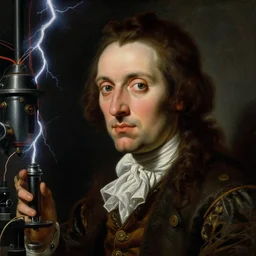 a baroque neoclassicist close - up portrait of a retrofuturistic mad scientist in a dark laboratory with electricity and high voltage lightning. renaissance portrait painting. highly detailed science fiction painting by norman rockwell, frank frazetta, and syd mead. rich colors, high contrast, gloomy atmosphere, dark background. trending on artstation