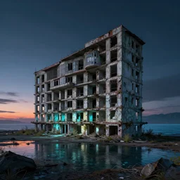 a beautiful ultradetailed render of abandoned architecture urbex motel building unfinished building city nature by cesar pelli, extraterrestial lightpaint at night lake nightvision sunset landscape water postcyberpunk dramatic lighting retrowave sea futuristic apocalyptic tundra, archdaily, wallpaper, highly detailed, trending on artstation.
