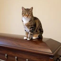 cat sitting on a coffin