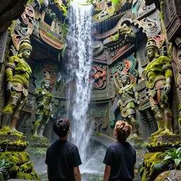 looking up at ancient atlantis ruins interior, waterfall, brocken statues, moss, intricate, elegant, vivid colors, highly detailed, john park, craig mullins, sparth, ruan jia, jeffrey catherine jones