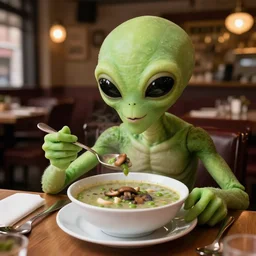 a modernized alien enjoying himself a bowl of split pea mushroom soup a 5 star restaurant in the bronx, photorealistic, highly detailed, photography, refined spontaneity