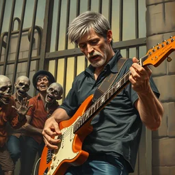 norman reedus is playing electric guitar, and he is rocking very well, in front of the prison gate. zombies are cheering for him. closeup full - color painting by norman rockwell ; detailed facial - features ; highly - detailed.