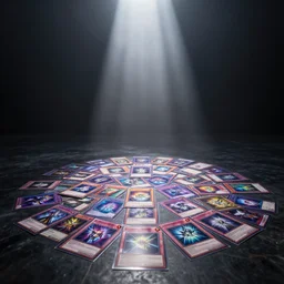 yugioh cards on floor, dark room, fog atmosphere, god rays,dramatic lighting, detailed