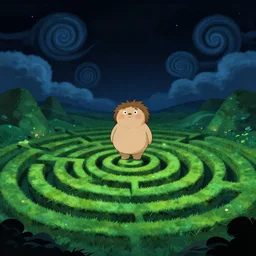 night chubby cartoon concept art, grass spiral mountain labyrinth landscape, from the lorax horton hears a who!, black blue green, spiral clouds